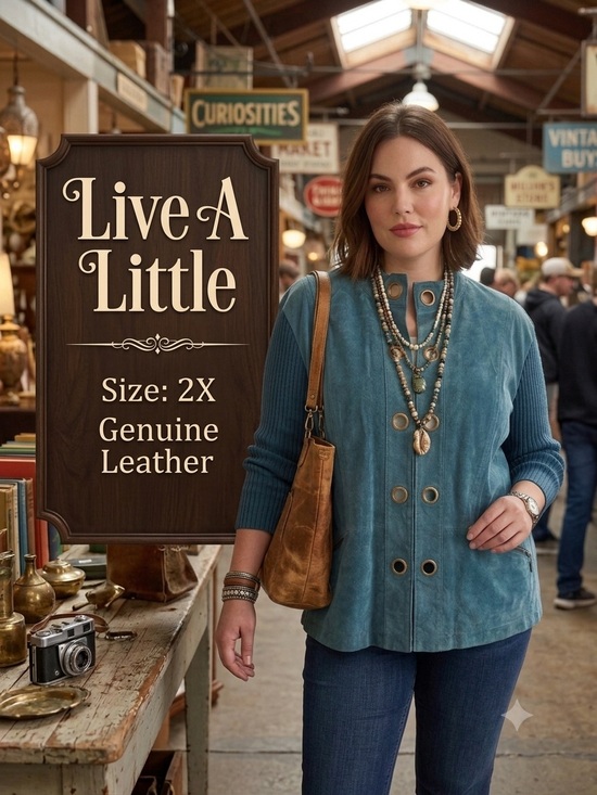 Live a Little Jackets & Blazers - LIVE A LITTLE Women's Teal Suede Leather Ribbed Knit Grommet Jacket Sweater 2X